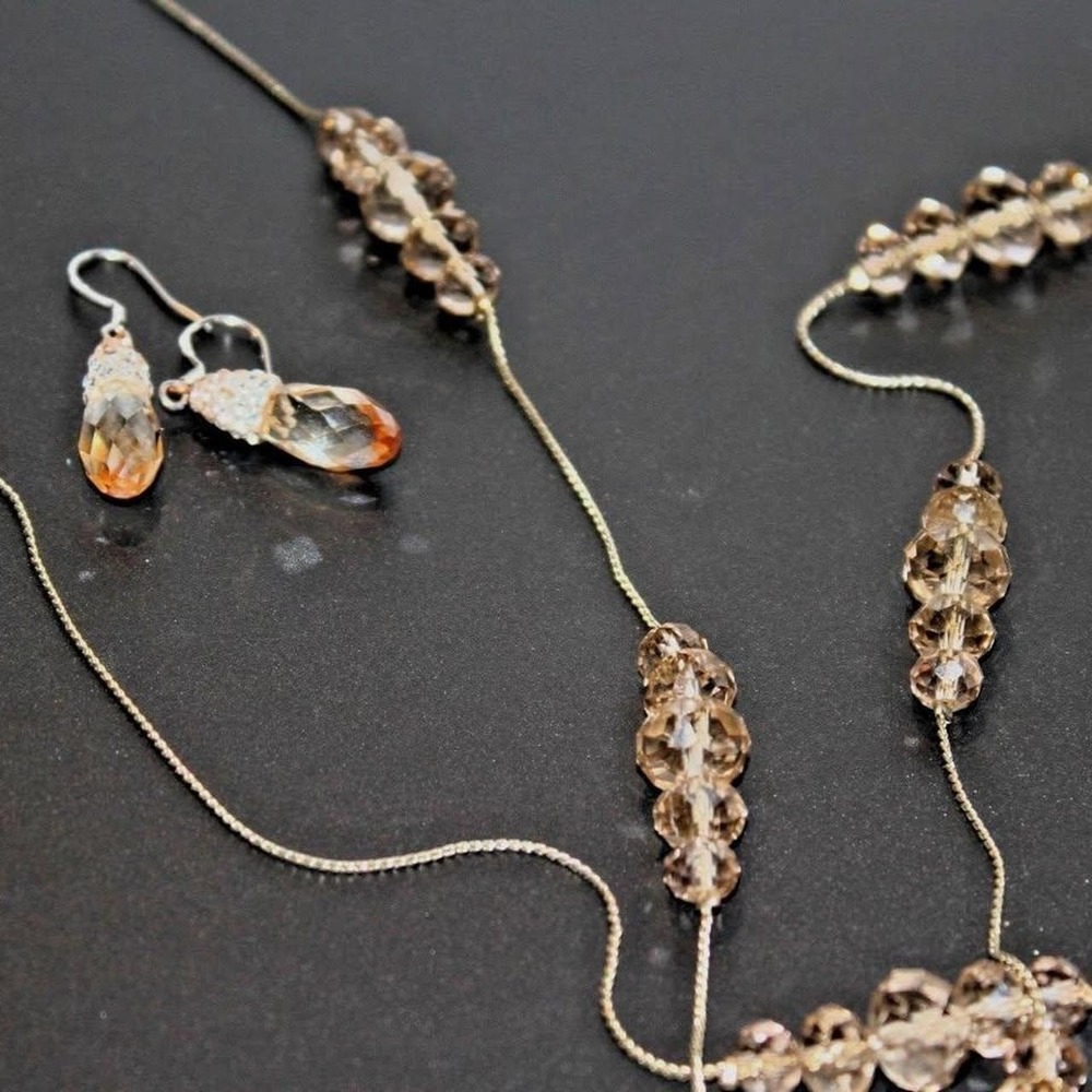Champagne Crystal Station Necklace & Teardrop Earrings Jewelry Set Gold Tone